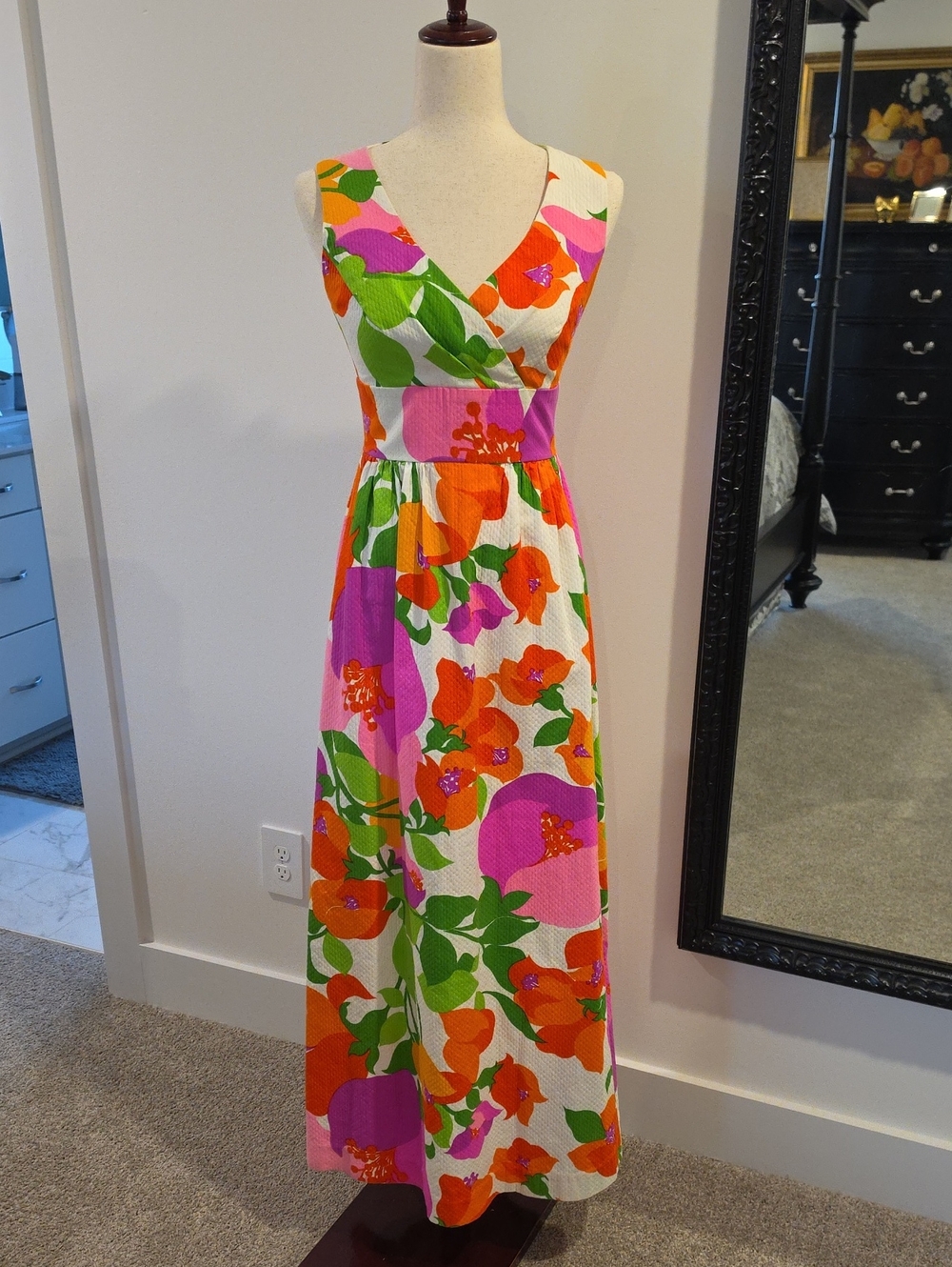 Vintage Malia Honolulu Mod Floral Cotton Maxi Dress Size 6 Hawaiian